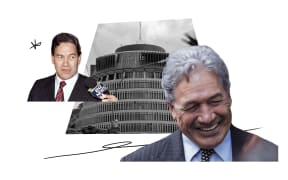 Collage of a current smiling Winston Peters and young Winston Peters in front of the Beehive