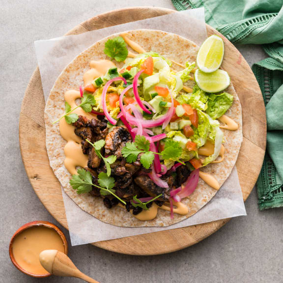 Pulled Mushroom Tacos with Pink Pickled Onions and Smoky Mayo