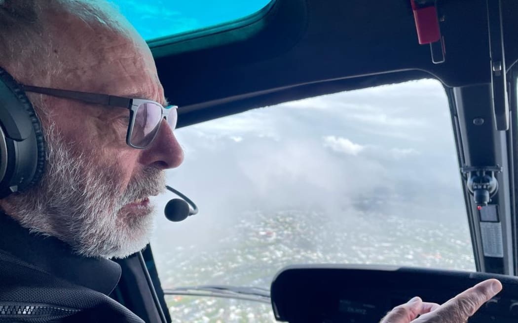Auckland Mayor Wayne Brown assesses damage from the extreme flooding across Auckland from a helicopter on Saturday, 28 January.