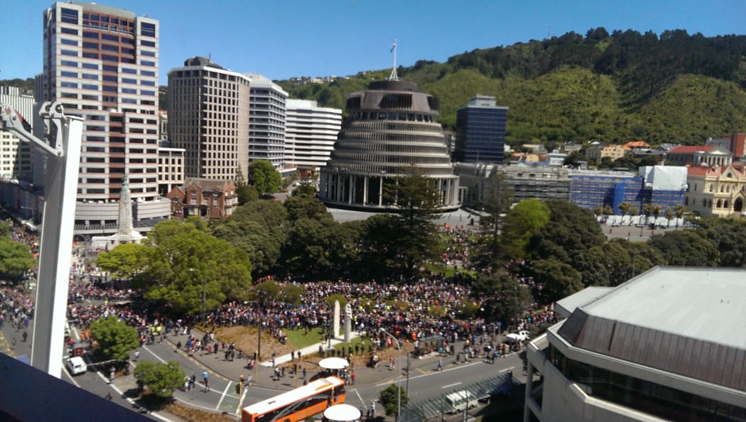 The All Blacks' parade, as seen from Rutherford House in Wellington.