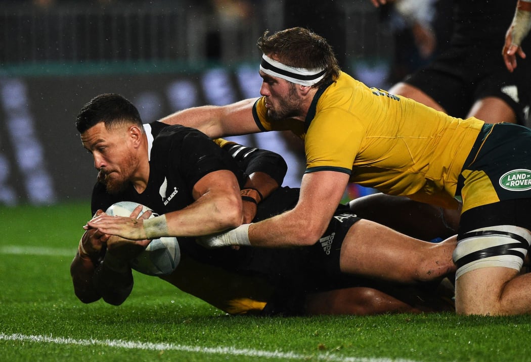 All Blacks player Sonny Bill Williams goes in for a try during the 2nd Bledisloe Cup Rugby game. All Blacks v Australia. Auckland, New Zealand. Saturday 17 August 2019.