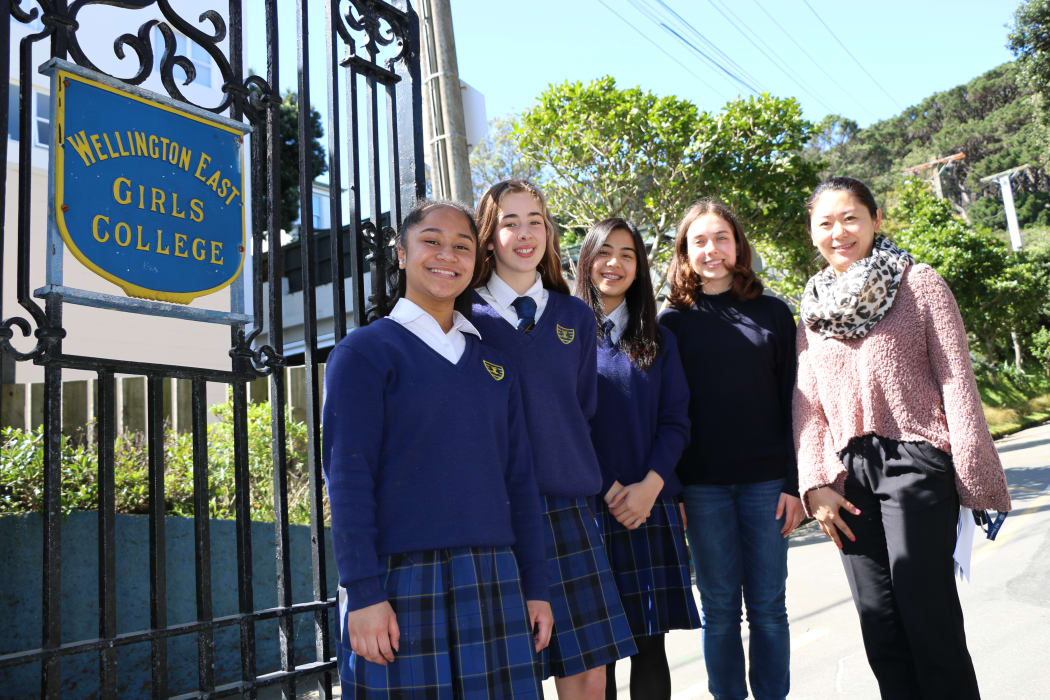 Wellington East Girls College (left to right) Lesieli, Neesha, May Sribunwongsa and Caitlin Walker, teacher Karen Hu.