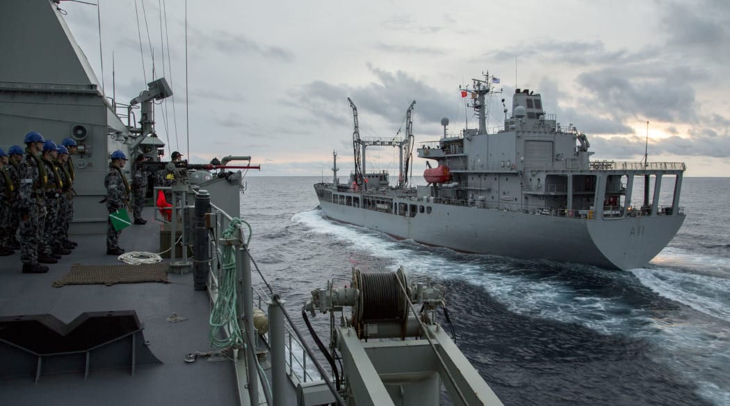 The HMNZS ENDEAVOUR in company with an Australian frigate while working with the Royal Australian Navy during her deployment