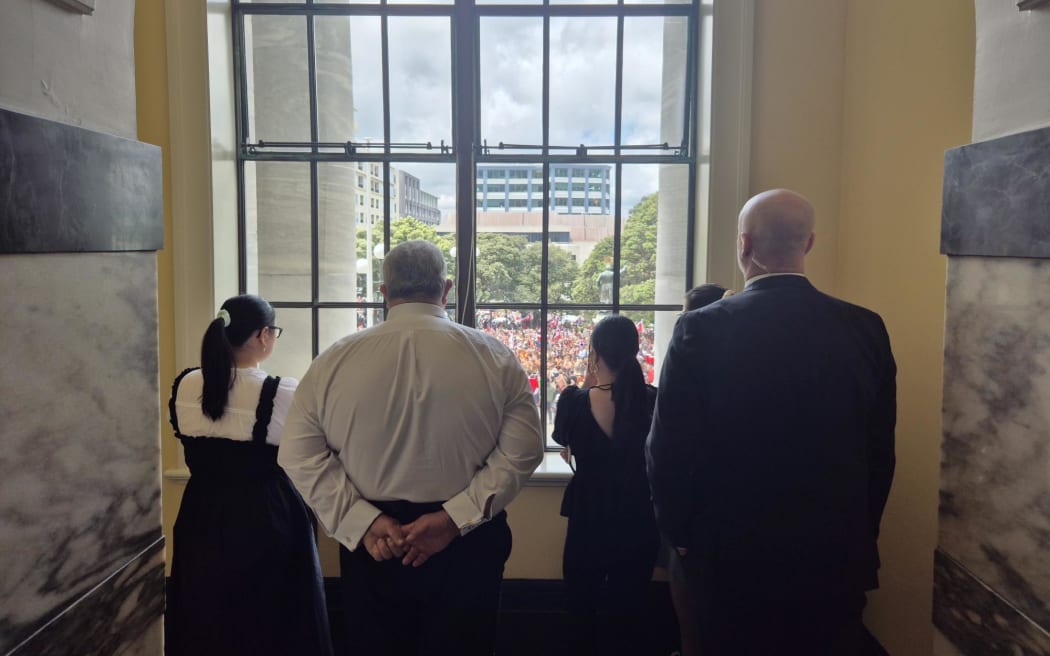 Speaker Gerry Brownlee watches the protest from the tiles ahead of Question Time on Tuesday afternoon.