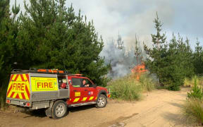 The Muriwai Volunteer Fire Brigade tackling a forest fire which started from a campfire at Muriwai Beach.