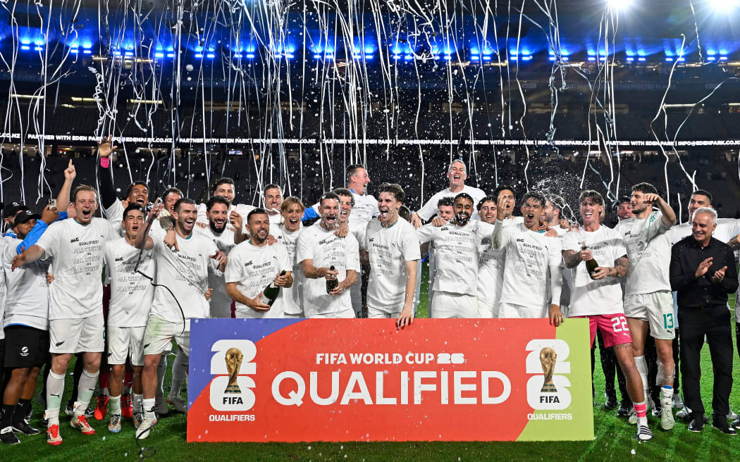 New Zealand players celebrate winning OFC Qualifiers Final at Eden Park