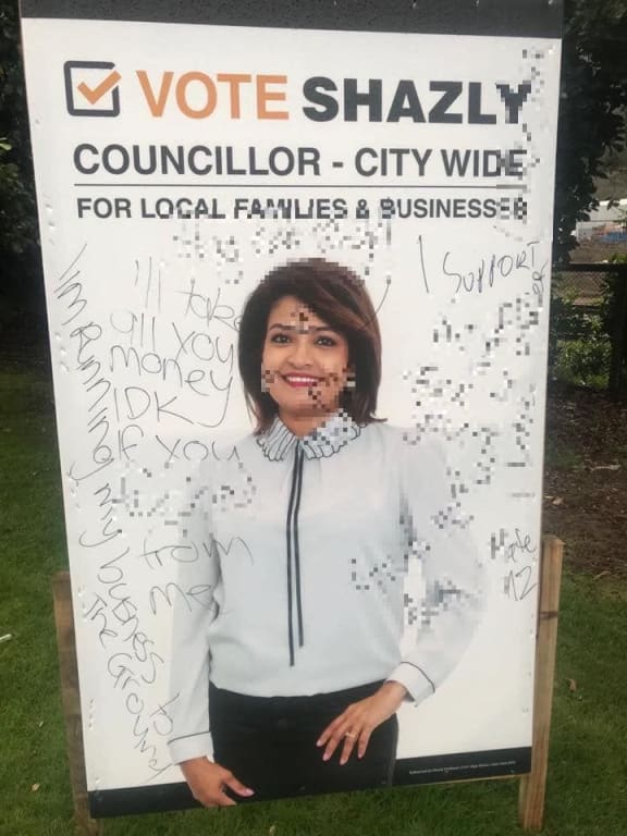 Hutt City Council candidate Shazly Rasheed's defaced billboard