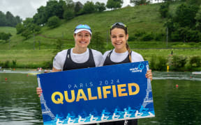 Kate Haines (bow), & Alana Sherman (stroke), New Zealand women’s pair, qualify for Paris 2024 Olympics at the last chance regatta in Switzerland.