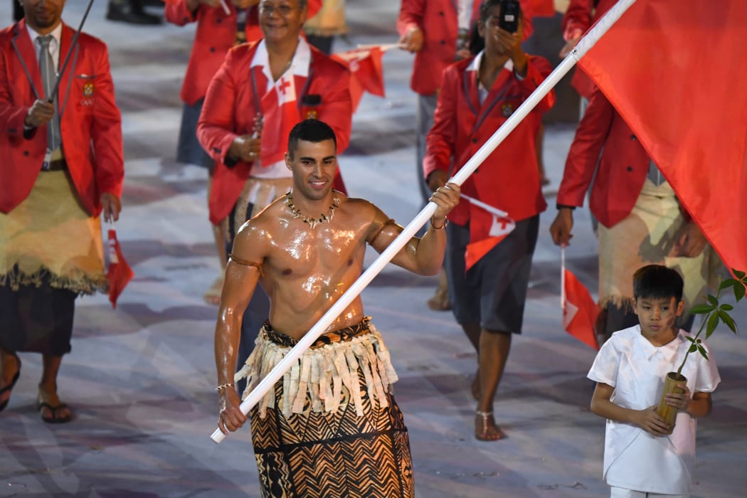 Pita Taufatofua leads Tonga's delegation during the opening ceremony of the Rio 2016 Olympic Games in Rio de Janeiro on 5 August 2016.