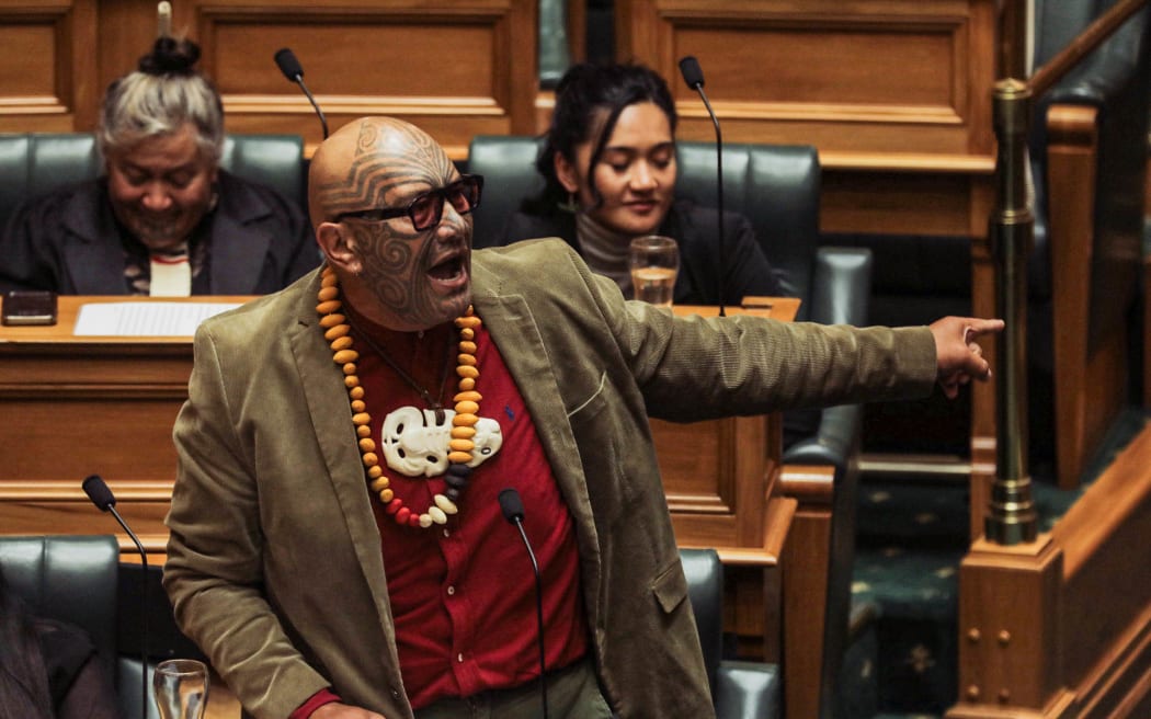 Te Pāti Māori co-leader Rawiri Waititi gives a speech in the House following the first reading of the Treaty Principles Bill on 14 November.