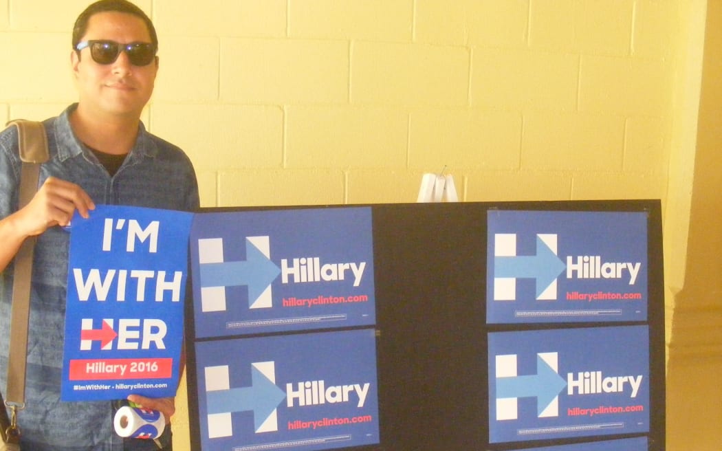 A supporter of Democratic presidential candidate Hillary Clinton at American Samoa's Decocratic Caucus.