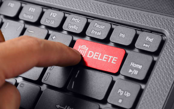 Gesture of a hand finger pressing DELETE on a laptop keyboard