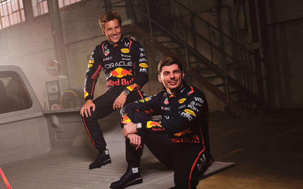 Max Verstappen and Liam Lawson (L) pose ahead of the 2025 Formula One season.