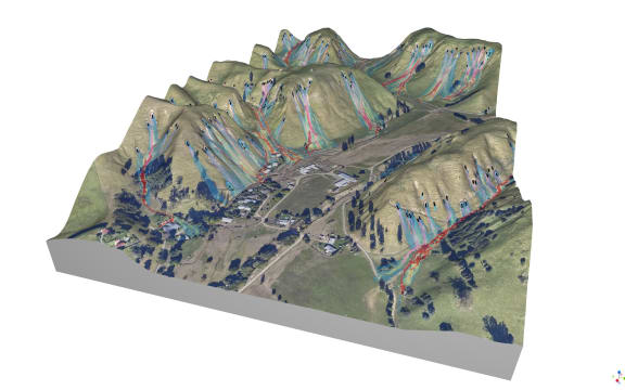 Landslide runout forecasts over an image and LiDAR model of the land. ESNZ.