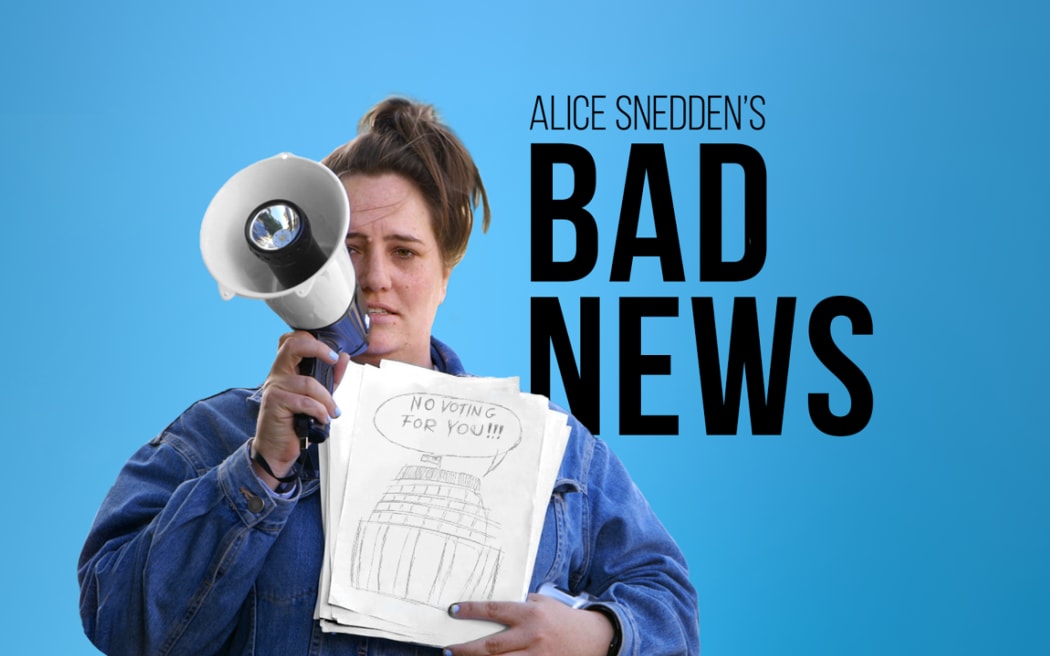 Alice Snedden looking into the camera and holding a megaphone up to her mouth in her left hand. In her right hand she holds up a stack of paper, on the first page is a simple drawing of the beehive with a text bubble that says, "No voting for you!!!". Text reads, "Alice Snedden's Bad News". Both the text and Alice Snedden are on a bright blue background.