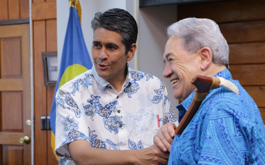 Palau’s President Surangel Whipps Jr with New Zealand’s Deputy Prime Minister Winston Peters during a gift exchange. 14 August 2024