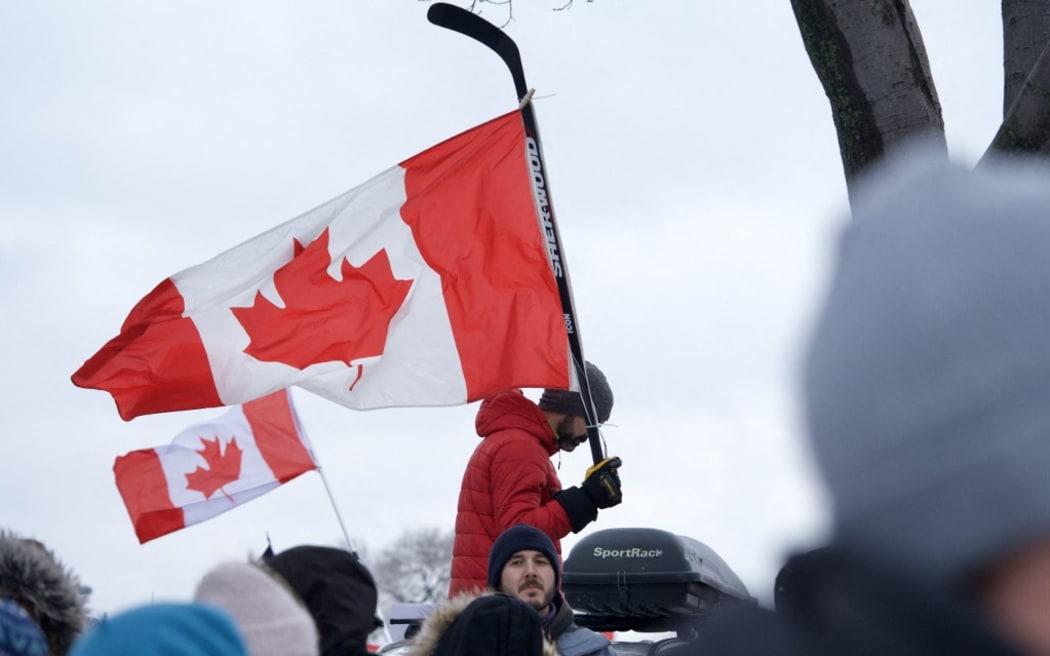 Canada, Montreal, 2022-02-12. Demonstration in support of the truckers of the so-called Freedom Convoy, whose epicenter is in Ottawa, the capital.
