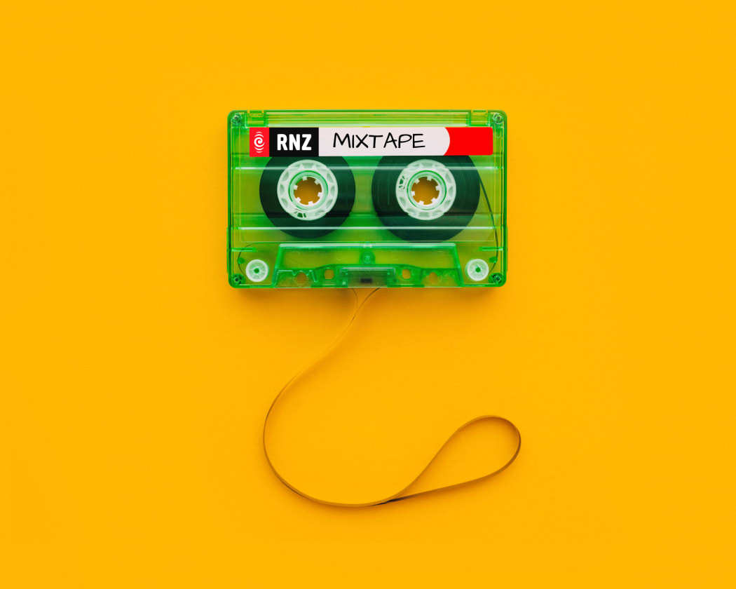 Top view of audio cassette with tangled tape. Label reads RNZ MIXTAPE
