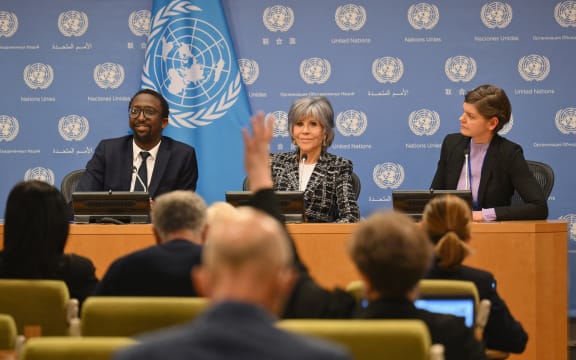 French Secretary of State for the Sea Hervé Berville, US actress and activist Jane Fonda, and Ocean and Polar advisor with Greenpeace Laura Meller at a media conference on the High Seas Treaty at the UN in New York, , March 2023.