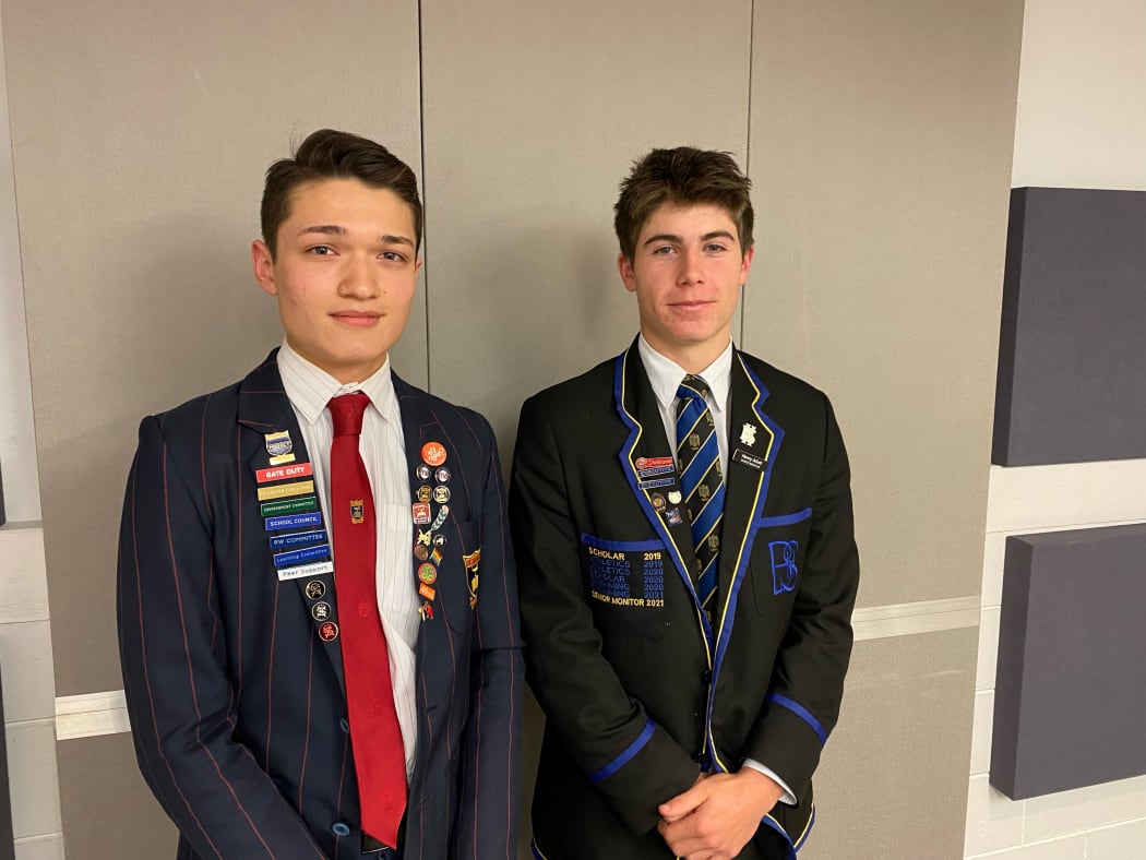 Silas Zhang (L) head boy at Riccarton High School and Henry Allott (R), head boy at Christchurch Boys' High School.