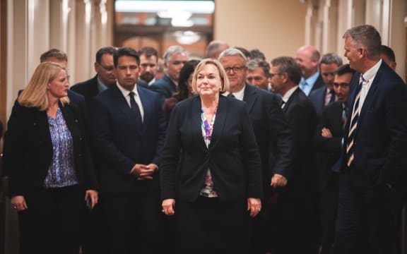Judith Collins leads the National caucus to Tuesday's media conference.