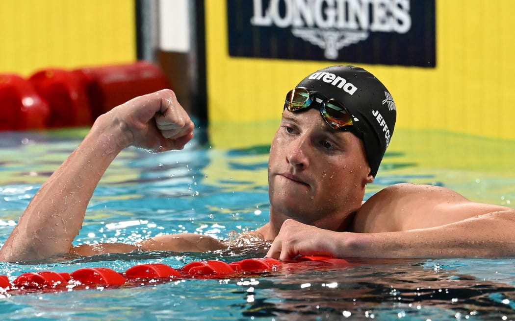 New Zealand's Andrew Jeffcoat reacts after winning the Men’s 50m Backstroke Final on Day 4 of the XXII Commonwealth Games at the Sandwell Aquatics Centre in Birmingham, England, Monday, August 1, 2022.  (AAP Image/Dave Hunt/ www.photosport.nz)