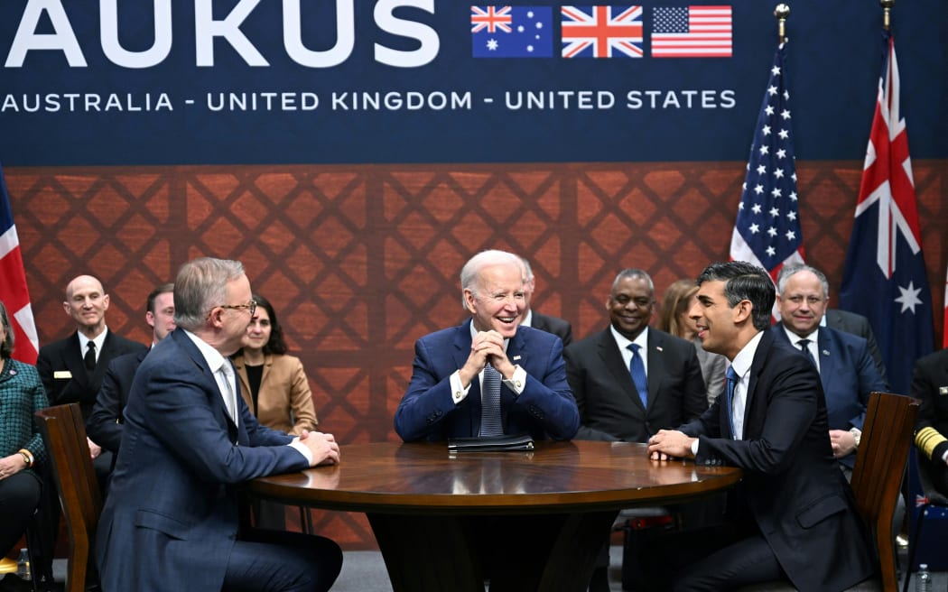 US President Joe Biden (centre) participates in a trilateral meeting with British Prime Minister Rishi Sunak (right) and Australia's Prime Minister Anthony Albanese (left) during the AUKUS summit on 13 March, 2023 (US time), at Naval Base Point Loma in San Diego California.