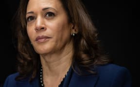 US Senator Kamala Harris speaks with survivors of sexual assault and supporters as they protest against Judge Brett Kavanaugh's nomination as an Associate Justice on the Supreme Court in 2018.