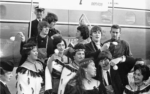 The Beatles and members of the Te Pataka concert party at Wellington Airport, 21 June 1964.
