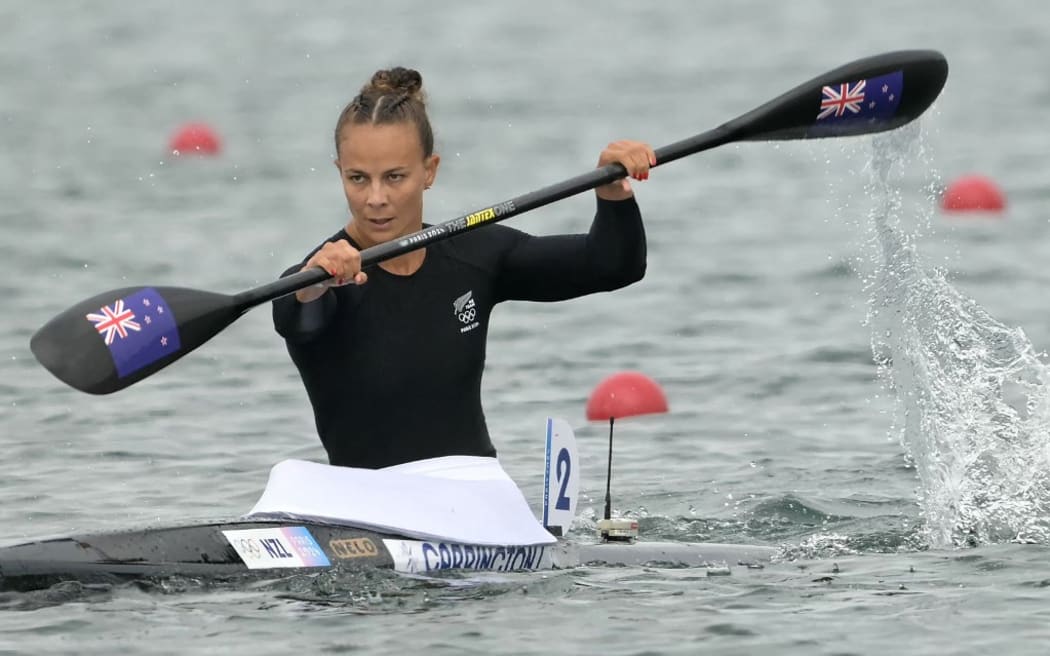 New Zealand's Lisa Carrington competes in the women's kayak single 500m heats canoe sprint competition at Vaires-sur-Marne Nautical Stadium in Vaires-sur-Marne during the Paris 2024 Olympic Games on August 7, 2024. (Photo by Bertrand GUAY / AFP)