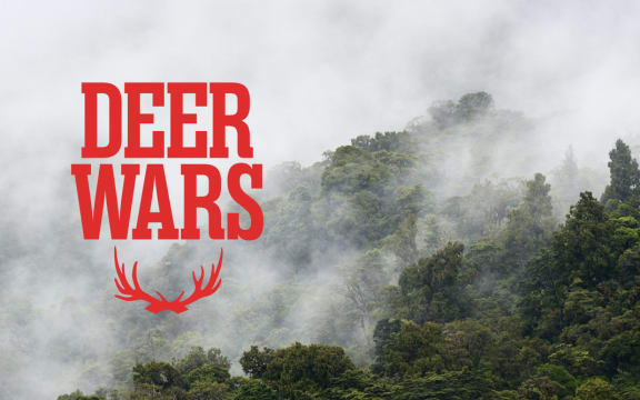 Mist shrouded bush covered hills fill the background, in front the text reads "Deer Wars" is a font reminiscent of Westerns along with a pair of crossed antlers