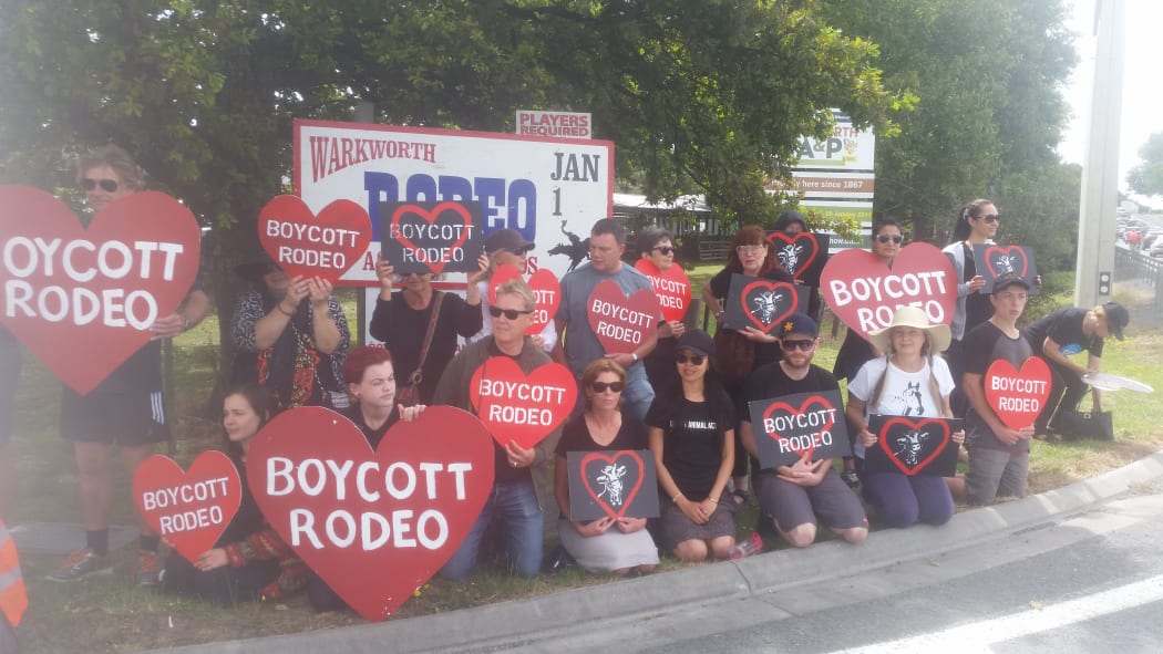 About 50 people are protesting outside the Warkwarth rodeo.
