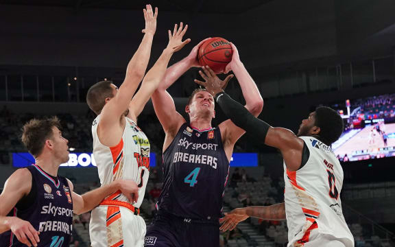Colton Iverson of the New Zealand Breakers during the NBL match between the New Zealand Breakers and the Cairns Taipans at John Cain Arena on March 10, 2021 in Melbourne, Australia.