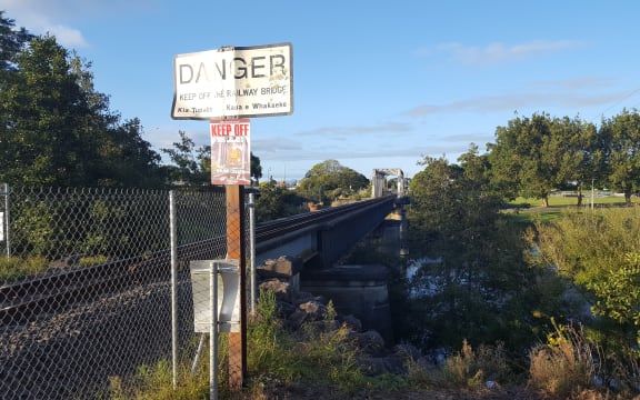 The danger signs at the rail bridge at Ngaruawahia.