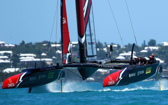 Emirates Team New Zealand helmed by Peter Burling  in race 7 on day 4 of the America's Cup Match