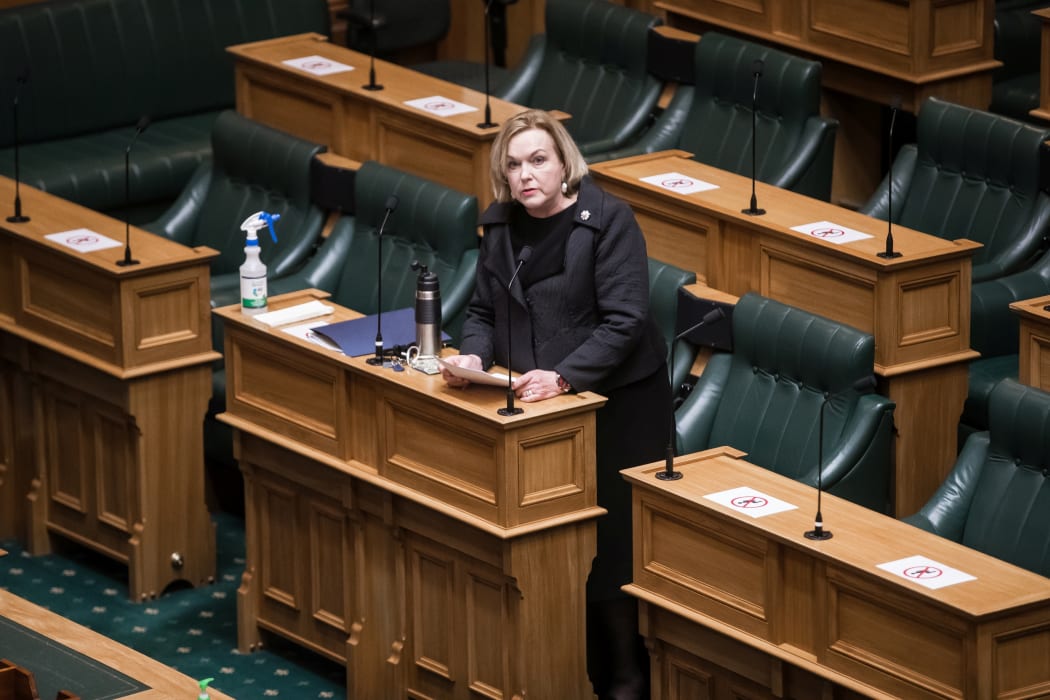 Judith Collins at The first Question time and sitting of the House  in alert level 4 lockdown in the House of Representatives debating chamber.