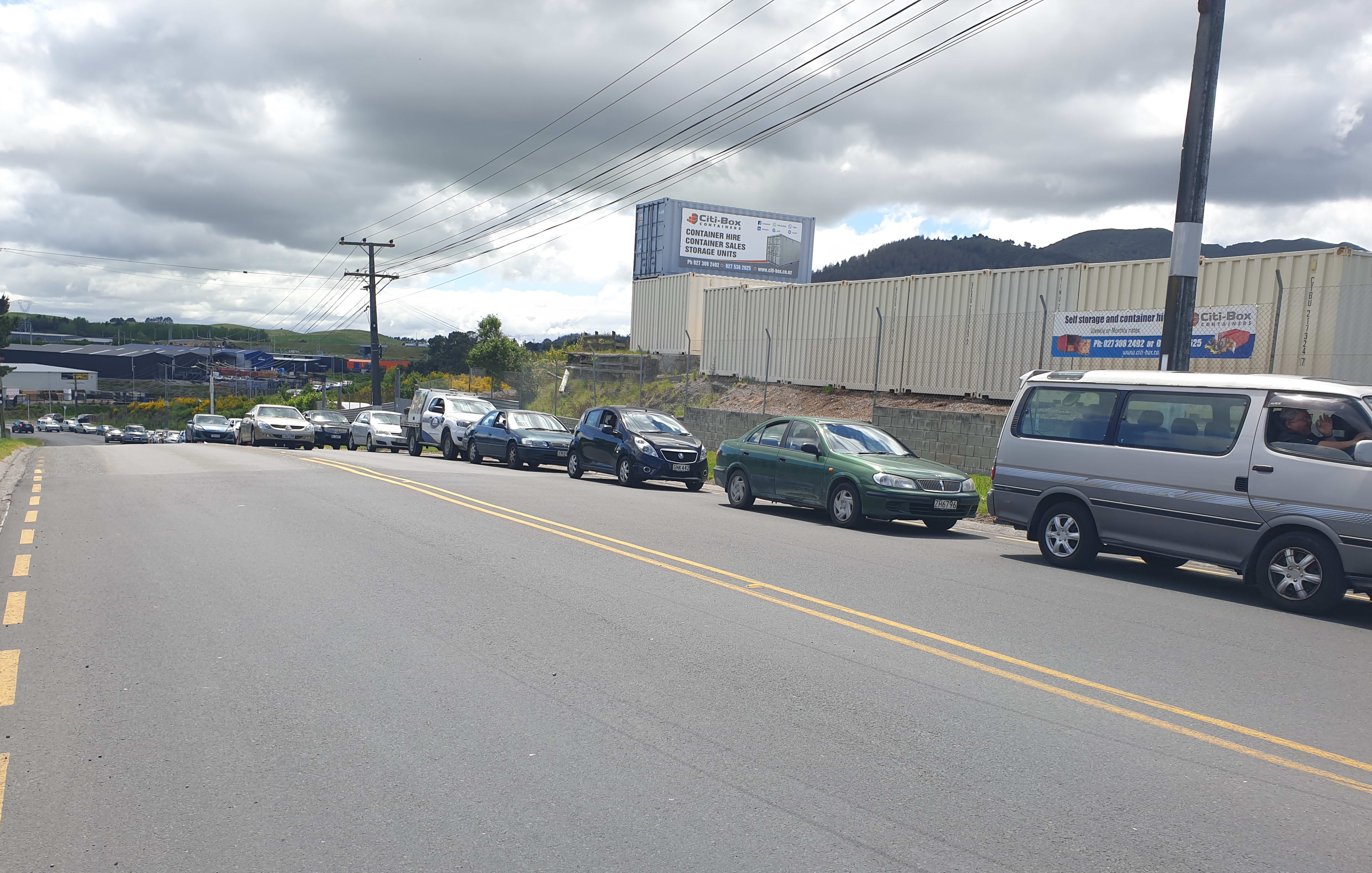 Long lines of cars queued as people waited for testing in Taupō today.