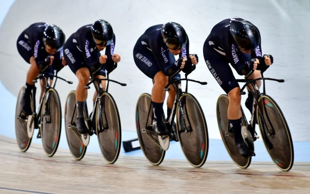 The NZ women’s team pursuit (from right) Kirstie James, Holly Edmondston, Rushlee Buchanan and Bryony Botha.