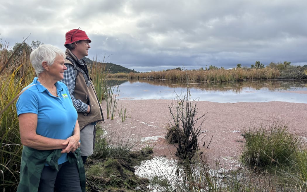 A man in a red bucket hat, fleece vest and shirt looks out onto a wetland with reeds and a film of pond weed. Next to him is a woman in a blue polo shirt, smiling as she looks out onto the water. The sky is overcast.