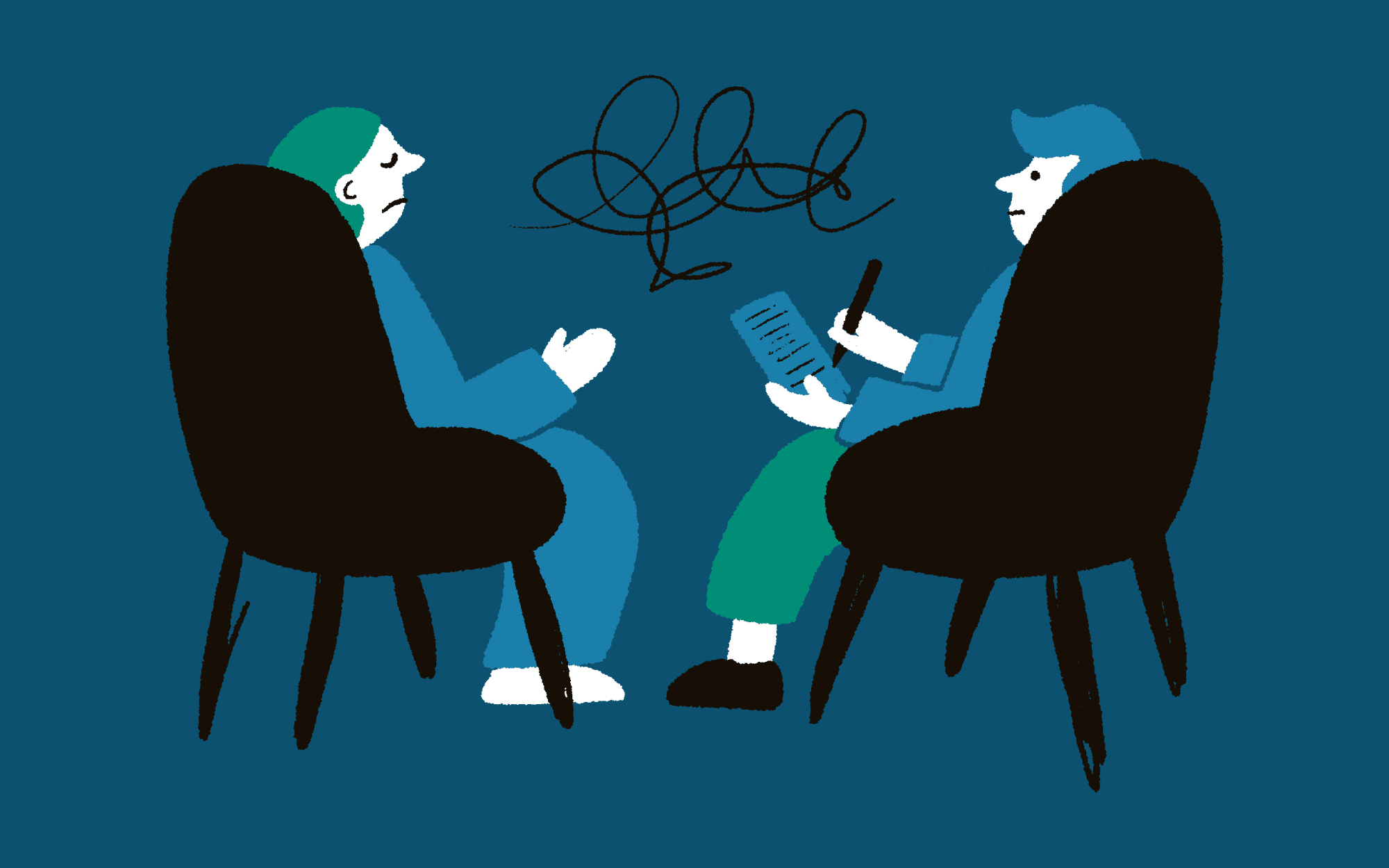 Stylised illustration of two people in chairs during a therapy session