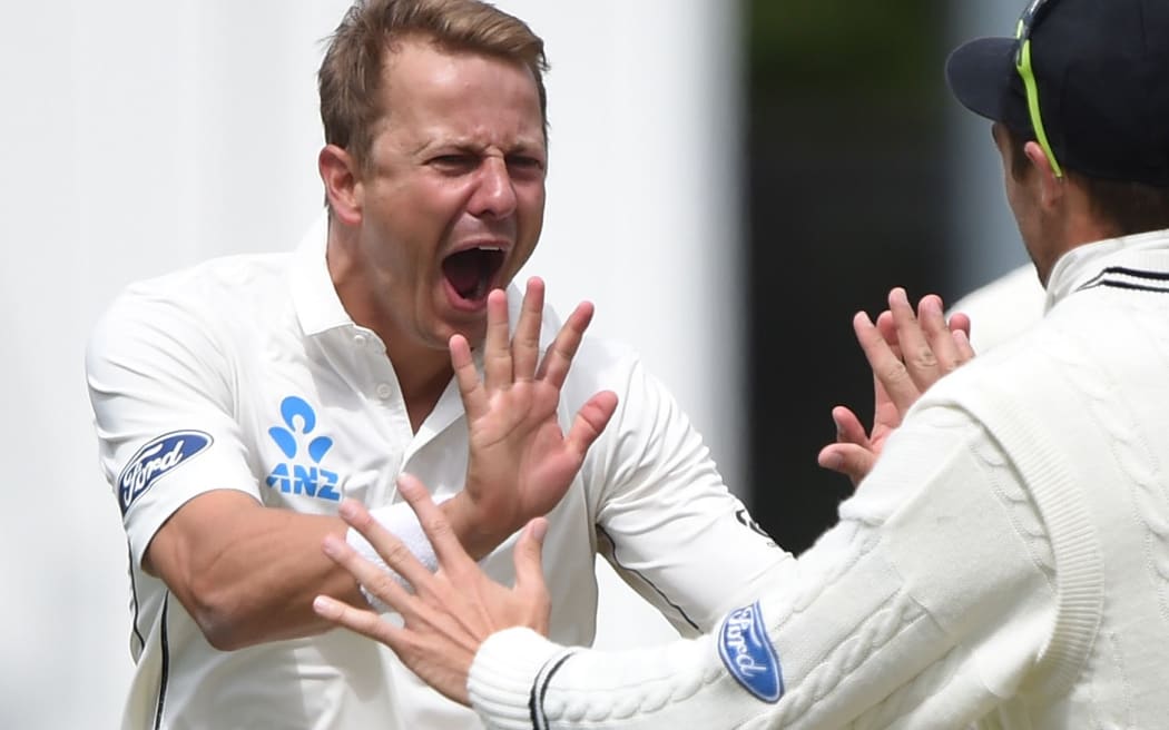 Black Caps bowler Neil Wagner celebrates taking the wicket of Sri Lankan captain Angelo Matthews.