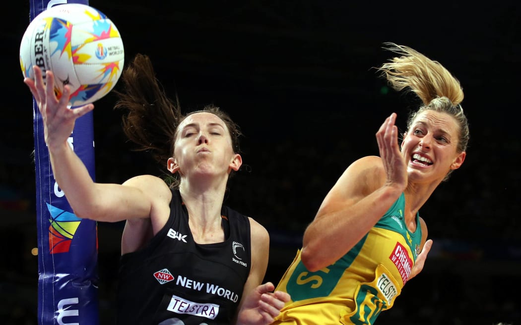 Australia netball captain Laura Geitz tussles with Silver Bailey Mes during the World Cup in Sydney.