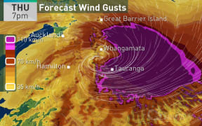 Around the time of landfall (~6:00 pm Thursday), the model forecasts wind gusts in excess of 150 km/h for parts of Bay of Plenty.