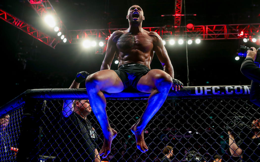 Carlos Ulberg celebrates after beating Da Woon Jung. UFC 293, Qudos Bank Arena, Sydney Olympic Park Australia, Sunday 10th September 2023.