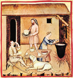 An illustration of cheese-making in the 14th-century health handbook 'Tacuinum sanitatis Casanatensis'