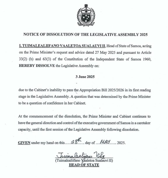 The official notice of the dissolution of Samoa's Legislative Assembly. May 2025