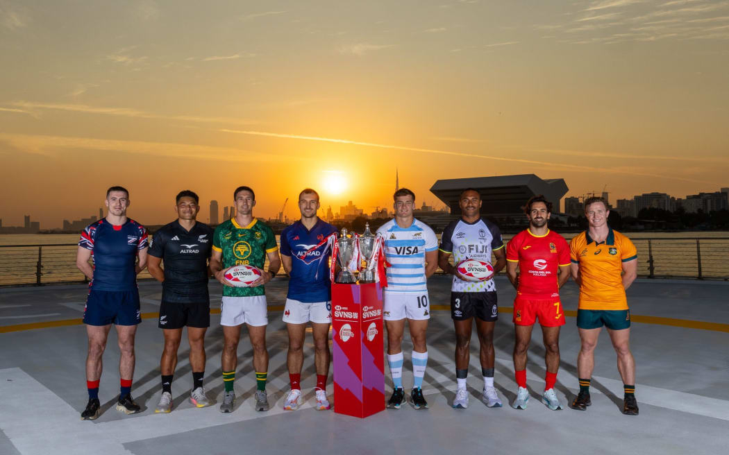 DUBAI, UAE - November 26: Men's team captains pose for a photo in advance of the 2025 Emirates Dubai 7s at The Sevens Stadium on November 26, 2025 in Dubai, United Arab Emirates. (Photo by Alex Ho / World Rugby)