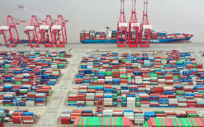 An aerial photo taken on 15 April, 2022 shows a view of Shanghai's Yangshan Port in east China.
