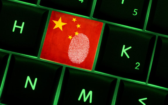 Online crime scene with a finger print left on backlit keyboard with Chinese flag on it