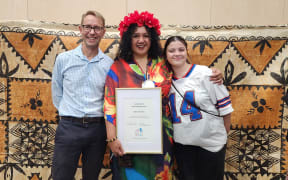 Maria Pasene, who was the coordinator for the Covid-19 response for Pacific communities in Christchurch, stands with former New Zealand Director-General of Health Sir Ashley Bloomfield and her daughter Oriana Pasene.
